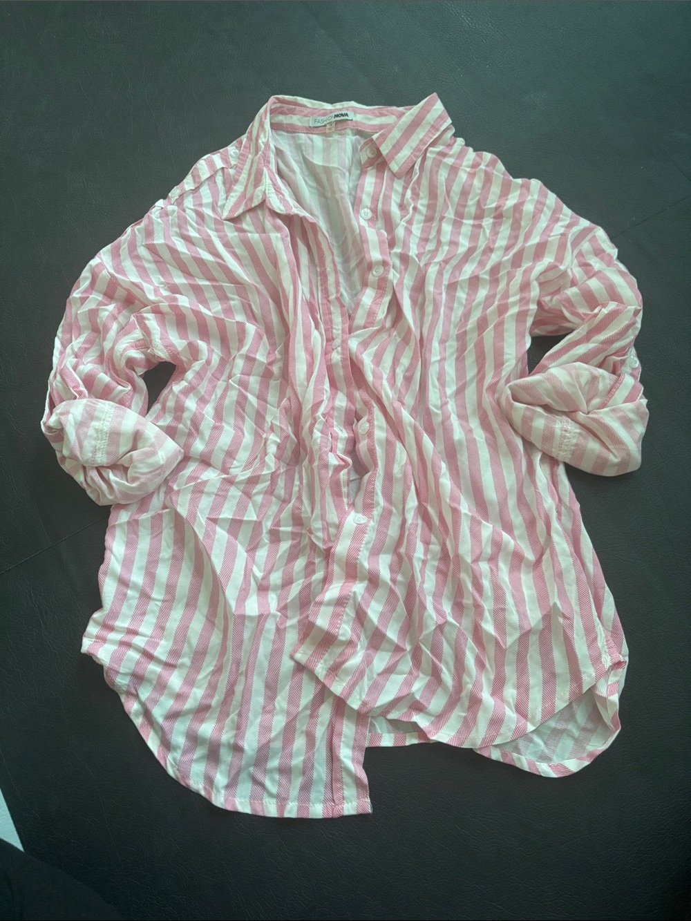 Fashion Nova Pink and White Striped Button-Front Shirt